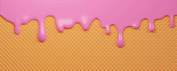 Pink glossy ice cream dripping on a waffle texture background. Sweet dessert with paint or glaze, with copy space for banner. 3d rendering